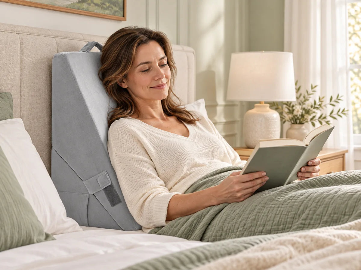 Adult woman reading with her back supported by the grey WENLIK wedge pillow’s inclined surface
